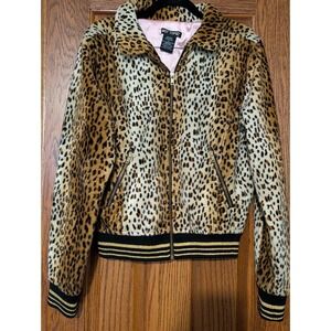 Hot Topic Leopard Print Faux Fur Bomber Jacket Pink Satin Lined Front Women's M